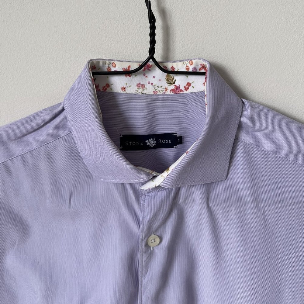 XS shirt in lavender micro strip with floral print (inside of cuff and collar)
